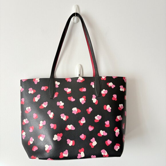 Kate Spade Reversible Flutter Hearts Large Tote Bag Purse Black Red Pink - Picture 6 of 8